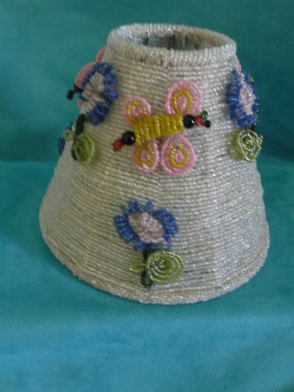 Vintage Seed Beaded 3D Floral Lamp Shade handmade wire metal Ornate